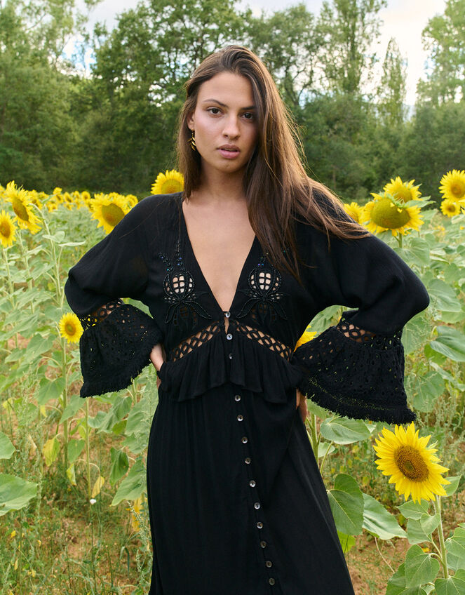Piti Cuiti Frilly Cutwork Maxi Dress, Black (BLACK), large