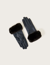 Fur Trim Leather Gloves, Teal (TEAL), large