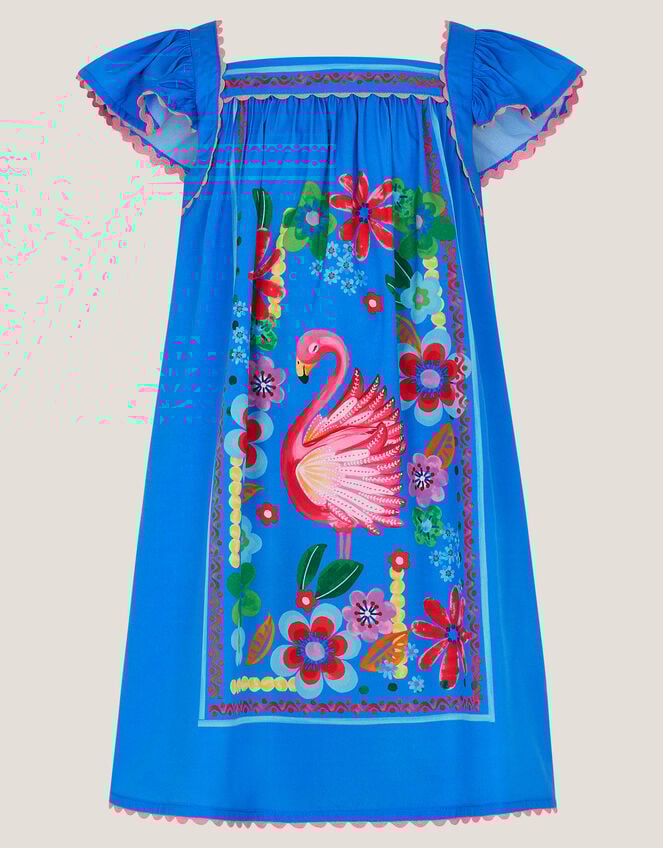 Flamingo Floral Print Beach Dress, Blue (BLUE), large
