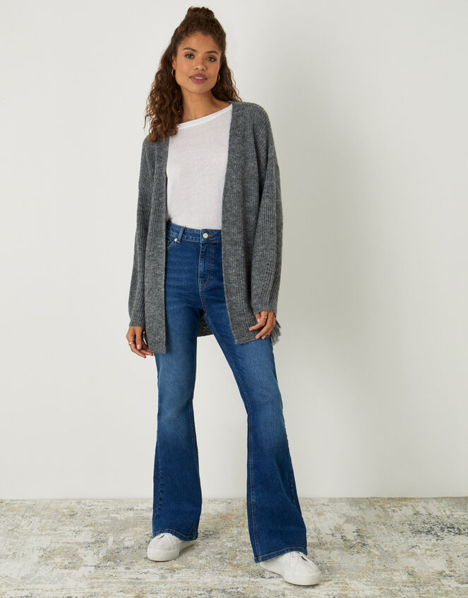 Fringe Cardigan with Recycled Polyester, Grey (CHARCOAL), large