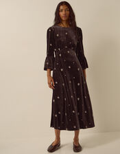 Emilee Floral Embroidered Velvet Midi Dress, Brown (CHOCOLATE), large
