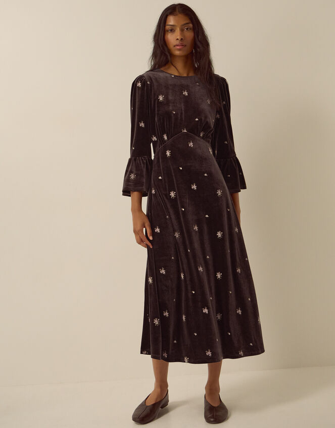 Emilee Floral Embroidered Velvet Midi Dress, Brown (CHOCOLATE), large