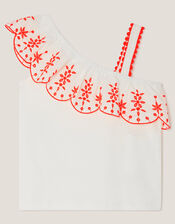 Embroidered Frill One Shoulder Top, Cream (CREAM), large