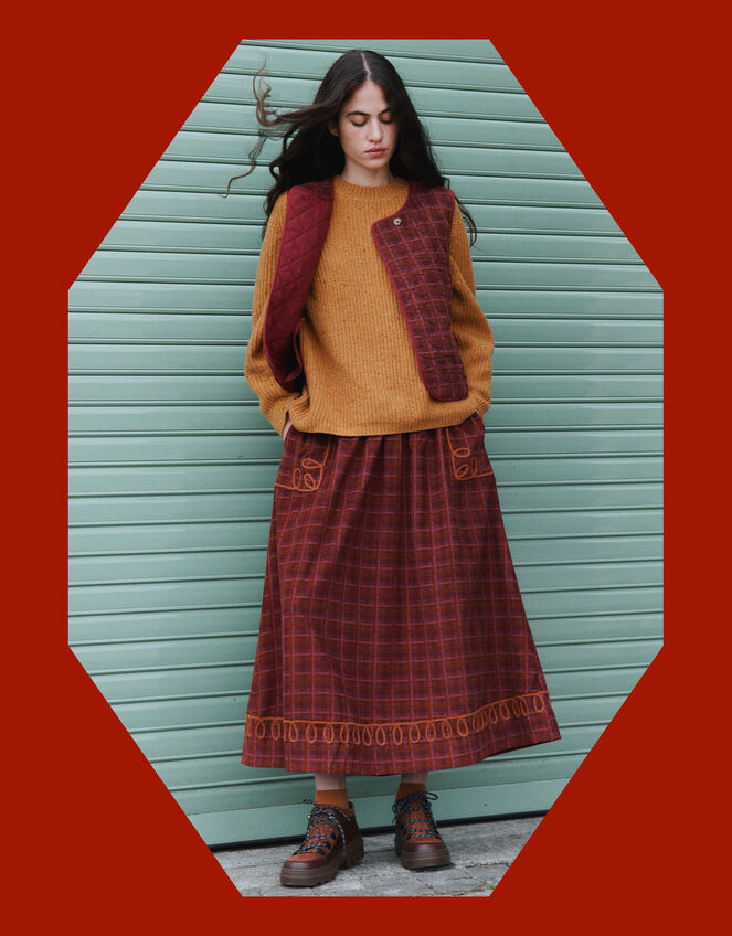 East Karina Check Corduroy Midi Skirt, Orange (RUST), large