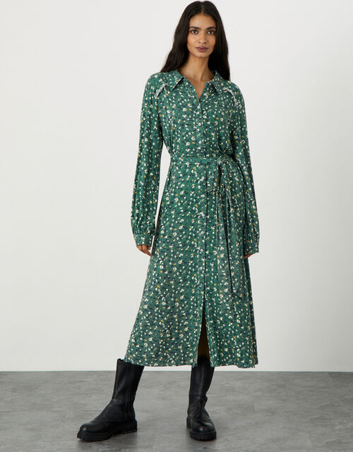 Floral Print Embroidered Shirt Dress, Green (GREEN), large