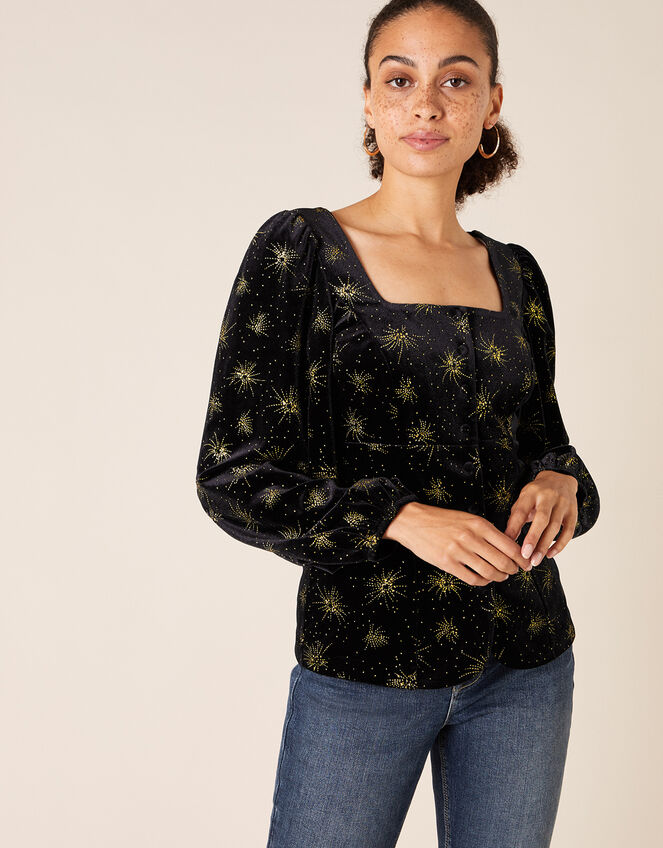 Ebony Glitter Print Stretch Velvet Top, Black (BLACK), large