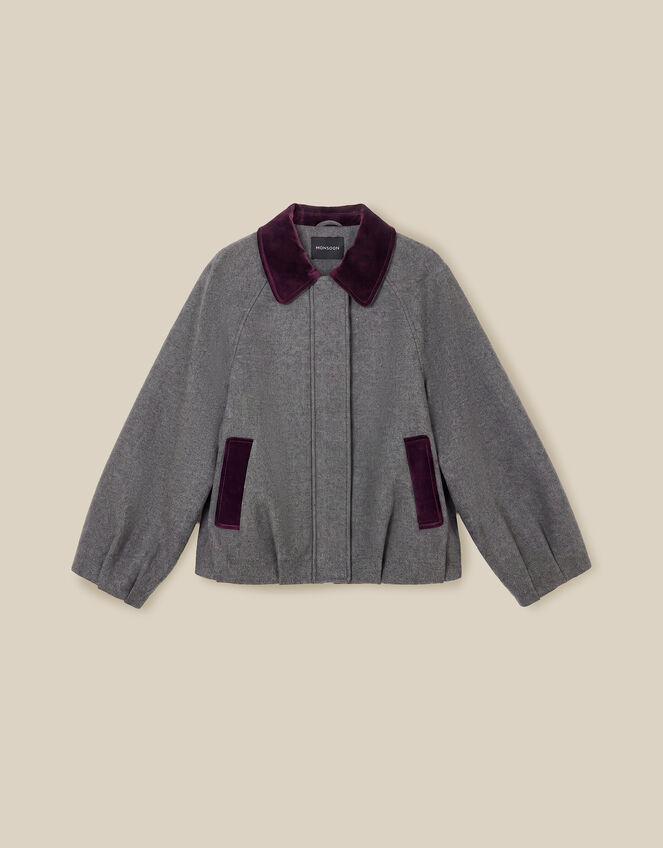 Jess Velvet Trim Bomber Jacket, Grey (DARK GREY), large