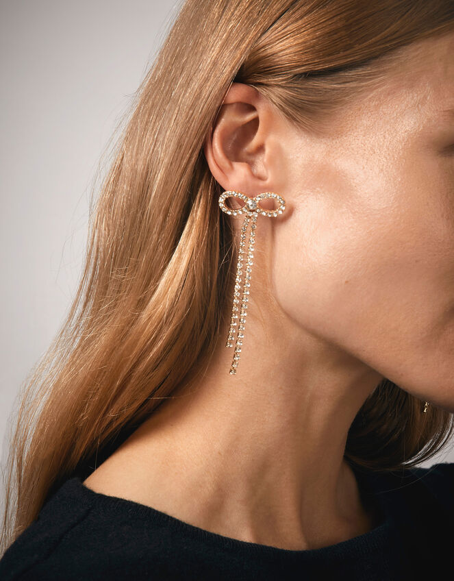 Diamante Bow Drop Earrings, , large