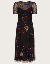 Zoey Embellished Star Midi Dress in Recycled Polyester, Black (BLACK), large