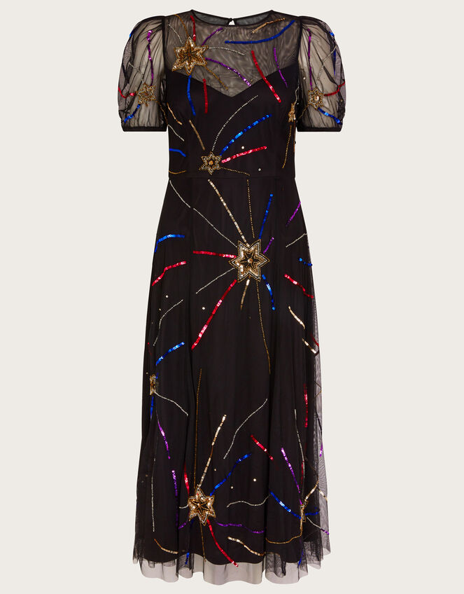 Zoey Embellished Star Midi Dress in Recycled Polyester, Black (BLACK), large