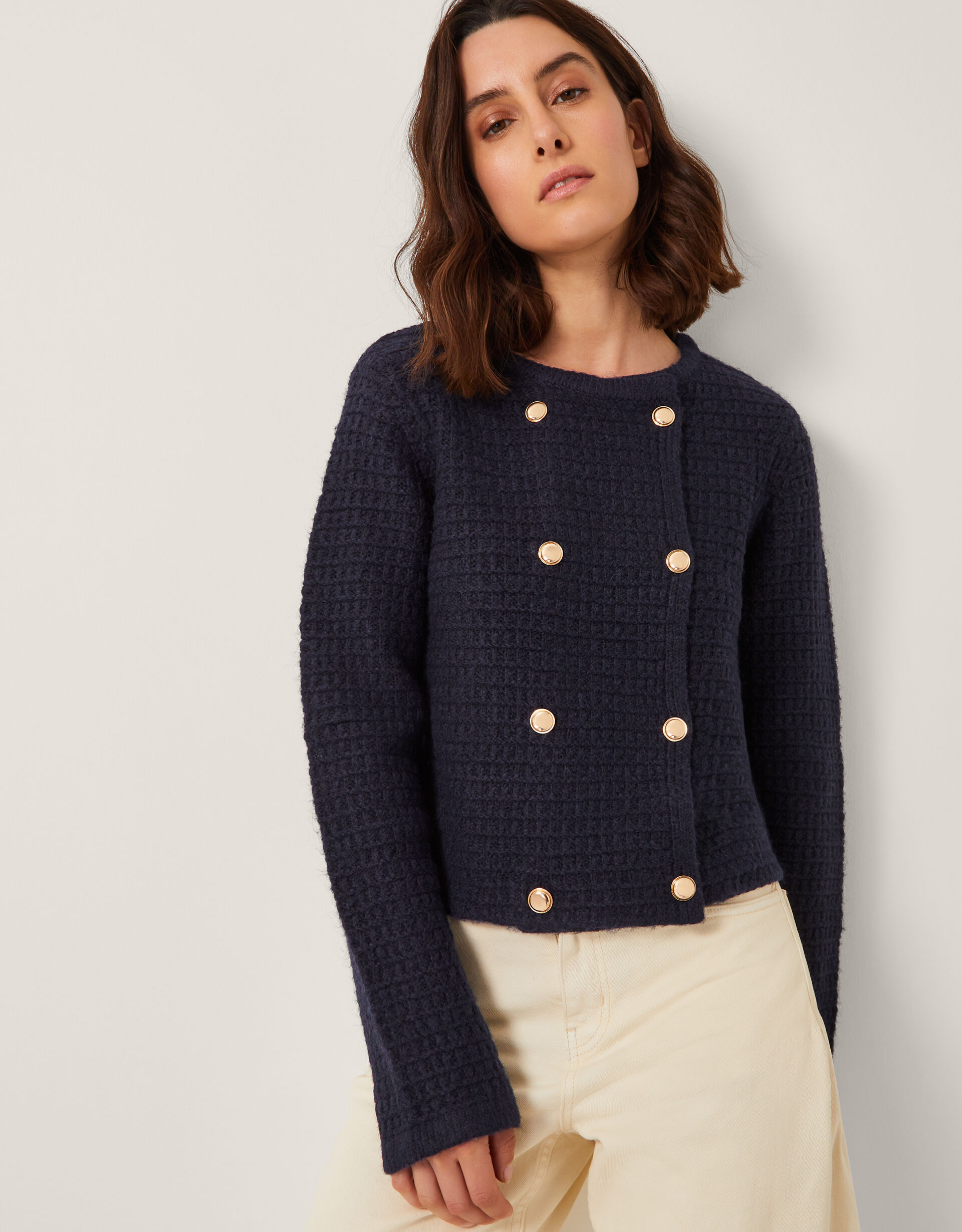 Skye Double-Breasted Waffle Knit Cardigan Blue | Cardigans