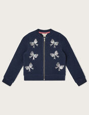 Embellished Sequin Bow Bomber Jacket, Blue (NAVY), large