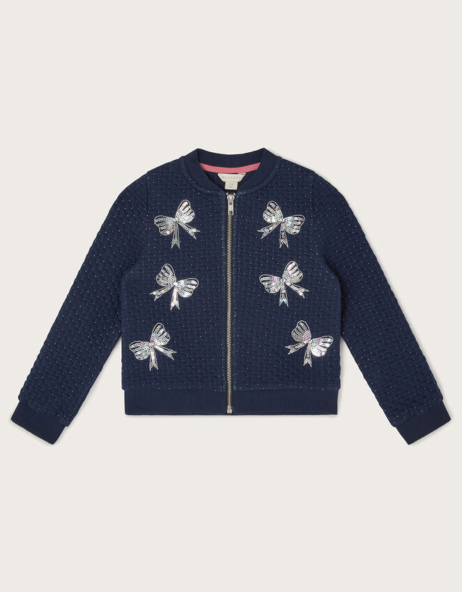 Embellished Sequin Bow Bomber Jacket, Blue (NAVY), large