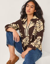 Pamela Linen Blend Leaf Print Top, Brown (CHOCOLATE), large