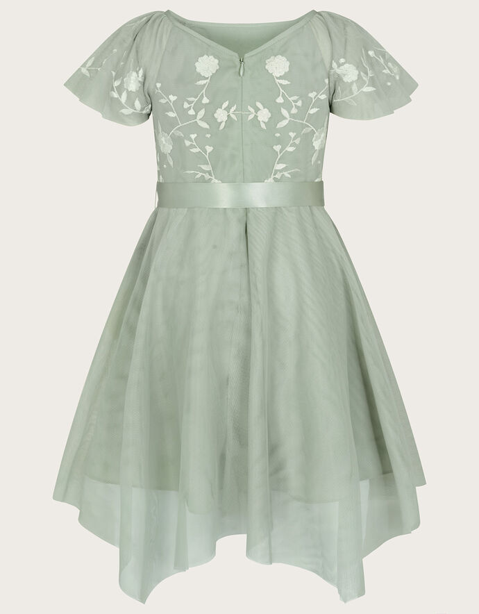 Green Leaf Embroidered White Tulle V-Neck Dress