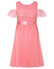 Kayleigh Cold-Shoulder Pleated Dress in Recycled Polyester, Orange (CORAL), large