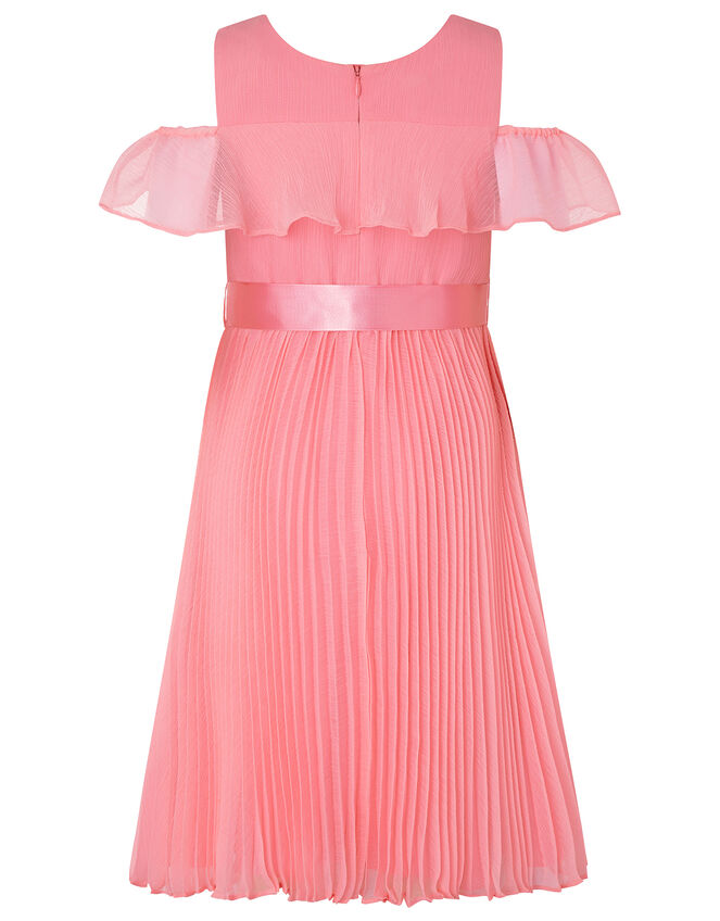 Kayleigh Cold-Shoulder Pleated Dress in Recycled Polyester, Orange (CORAL), large