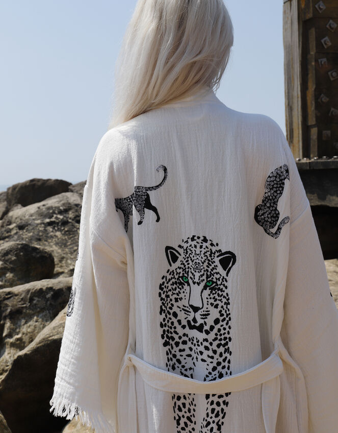 Meraki Beach Wild Leopard Kimono Robe, Cream (CREAM), large