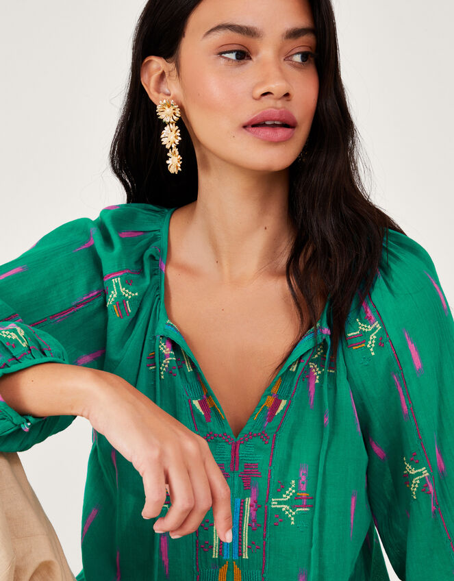 Embroidered Tie Neck Top, Green (GREEN), large