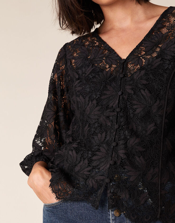 Floral Lace Button-Down Top, Black (BLACK), large