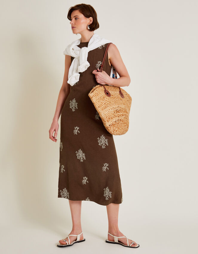 Aria Embroidered Linen Blend Dress Brown Day Dresses Monsoon UK.