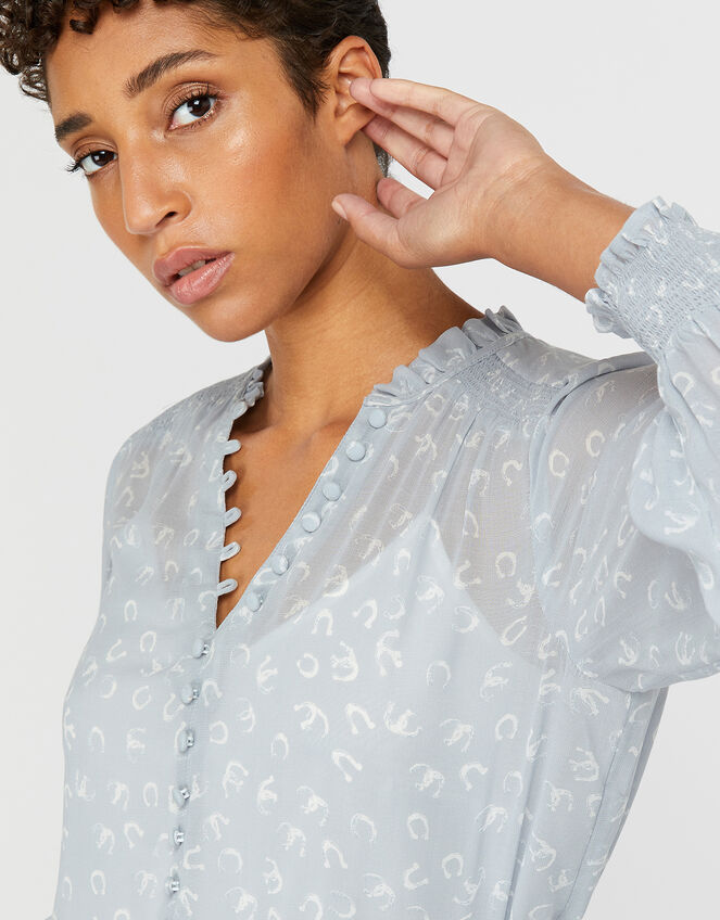 Hatty Horseshoe Print Blouse, Blue (BLUE), large