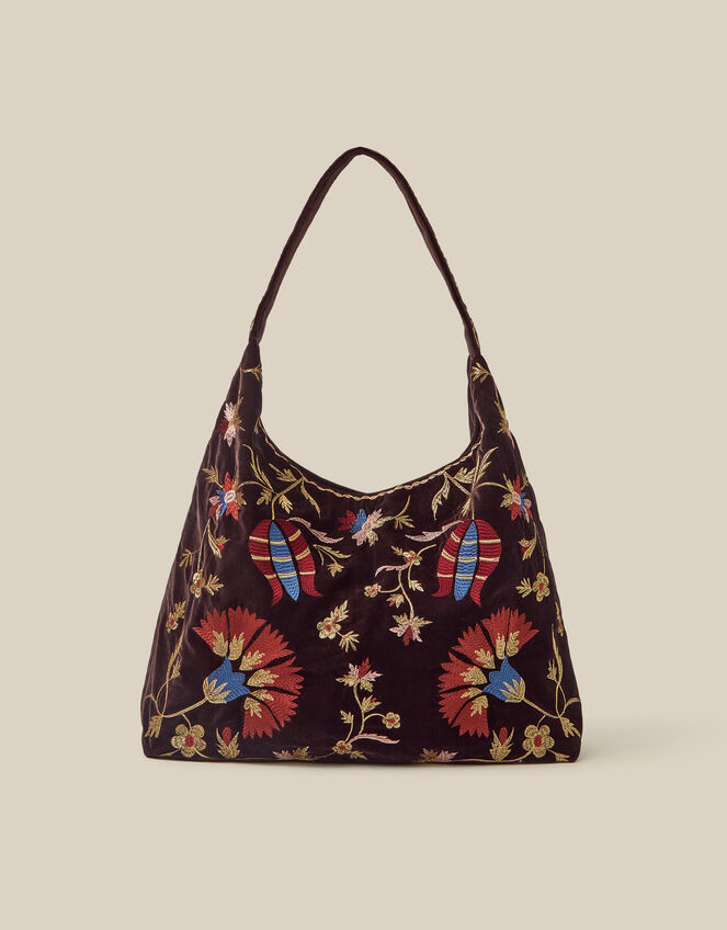 Hatti Embroidered Velvet Slouchy Shoulder Bag, , large