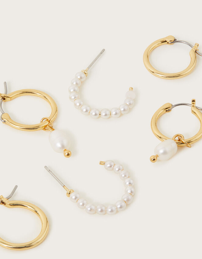 Small Pearl Hoops Set of Three, , large