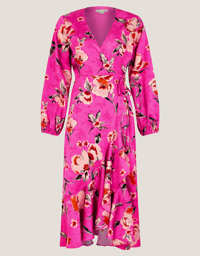 Meredith Floral Midi Wrap Dress, Pink (PINK), large