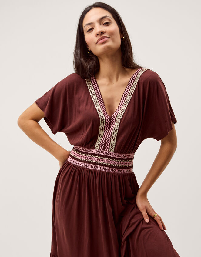 Jacqueline Aztec Tiered Midi Dress, Brown (BROWN), large