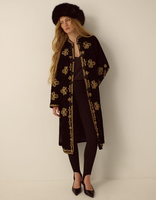 Monsoon x Queens of Archive Kate Long Embroidered Velvet Jacket, Black (BLACK), large