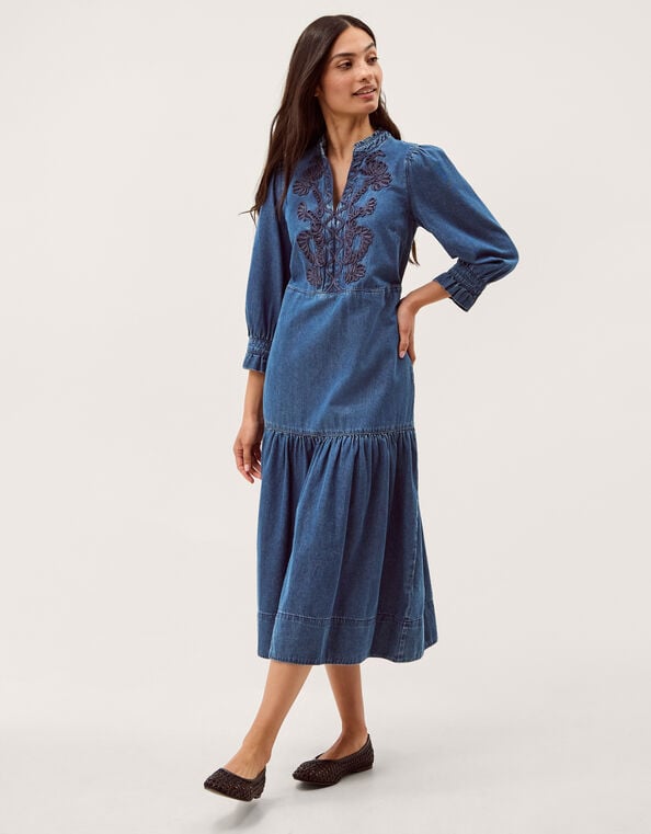 Melissa Embroidered Denim Midi Dress, Blue (MID AUTHENTIC BLUE), large