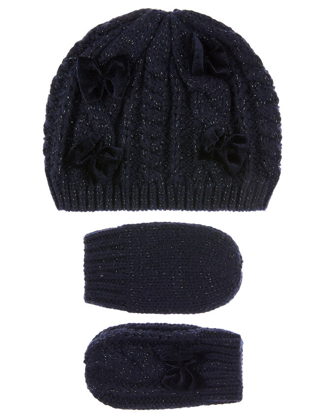 Baby Beanie and Mittens Set with Recycled Fabric, Blue (NAVY), large