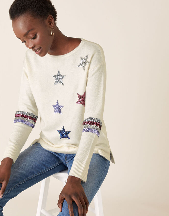 Sequin Star Knit Jumper, Ivory (IVORY), large