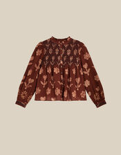 East Zena Hand-Batik Smocked Blouse, Brown (BROWN), large