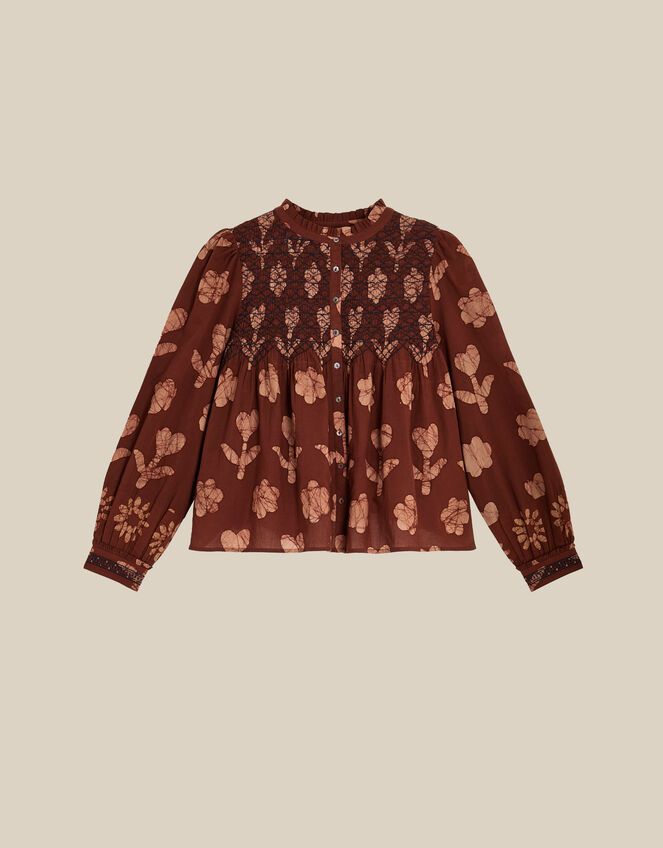 East Zena Hand-Batik Smocked Blouse, Brown (BROWN), large