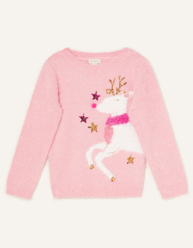 Reindeer Fluffy Jumper Pink | Girls' Tops & T-shirts | Monsoon UK.