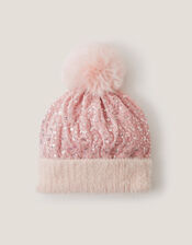 Sequin Pom-Pom Beanie Hat, Pink (PINK), large