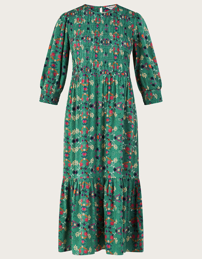 Floral Printed ¾ Sleeve Shirred Dress in LENZING™ ECOVERO™, Green (GREEN), large
