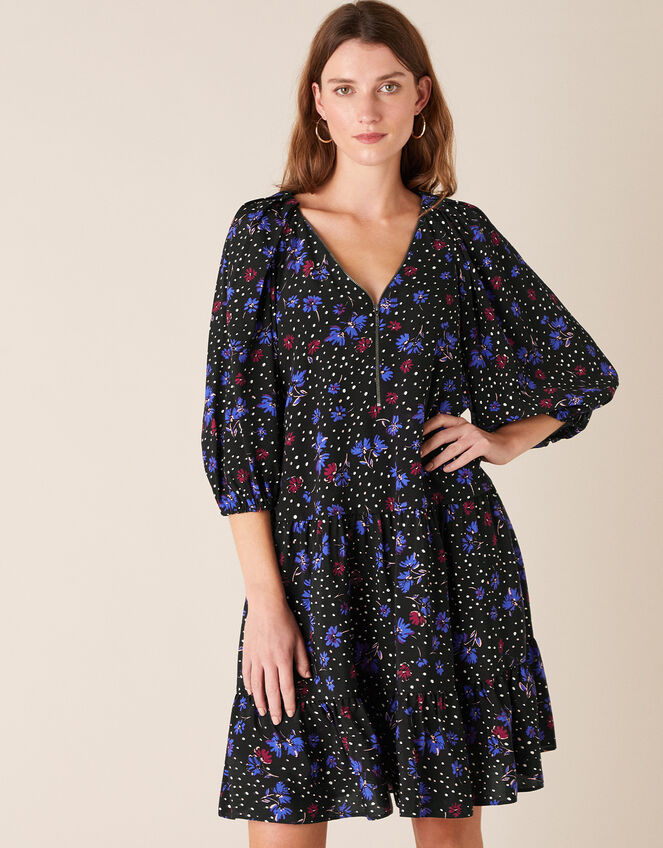 Floral Zip Neck Short Dress, Black (BLACK), large