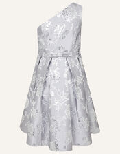 One-Shoulder Floral Jacquard Prom Dress, Silver (SILVER), large