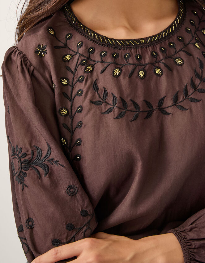 Isabelle Floral Embellished Top, Brown (CHOCOLATE), large