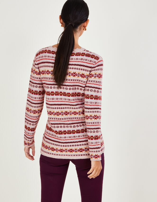Scallop Neck All-Over Fair Isle Print Jumper, Pink (PINK), large