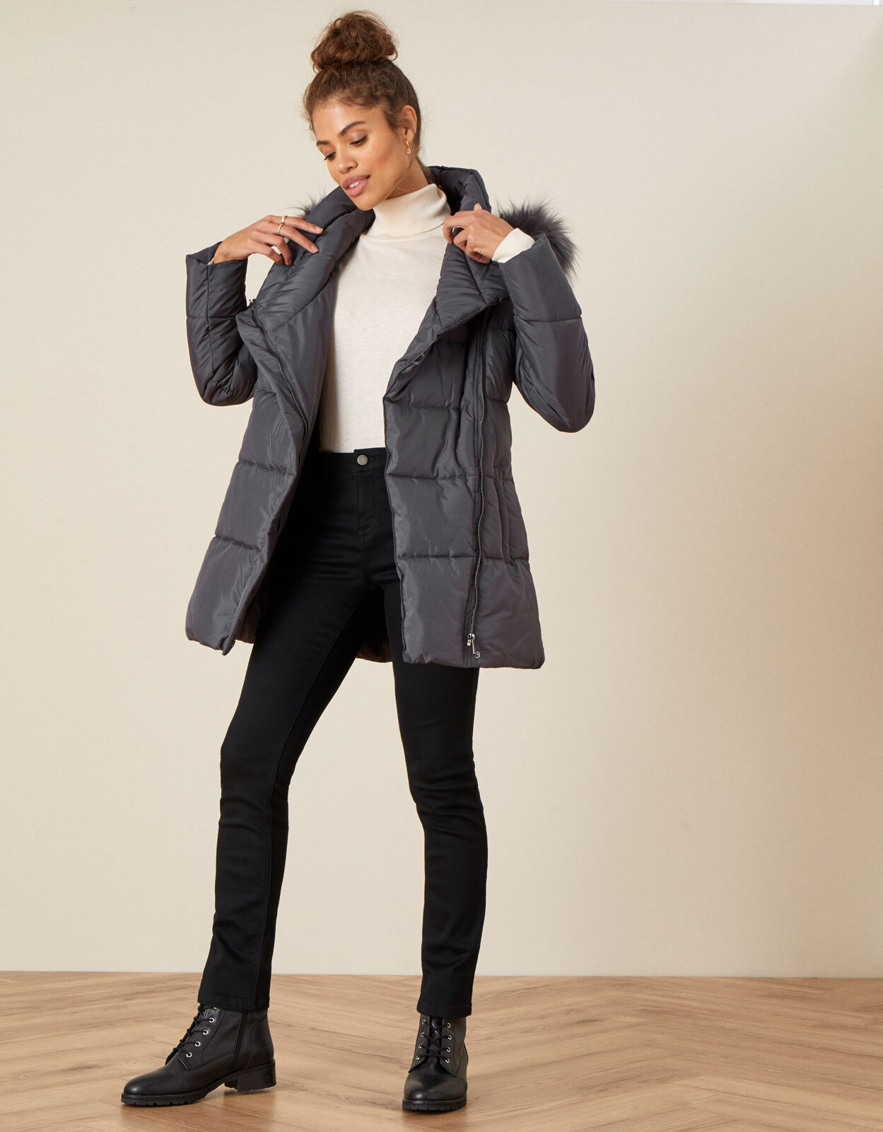 Padded Faux Fur Hooded Coat Grey