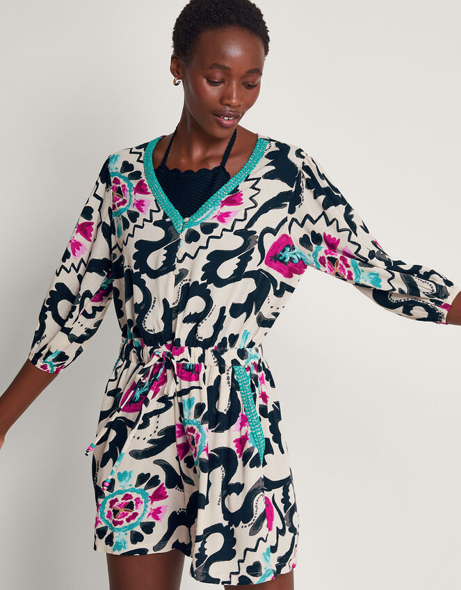 Avelle V-Neck Print Playsuit, Black (BLACK), large