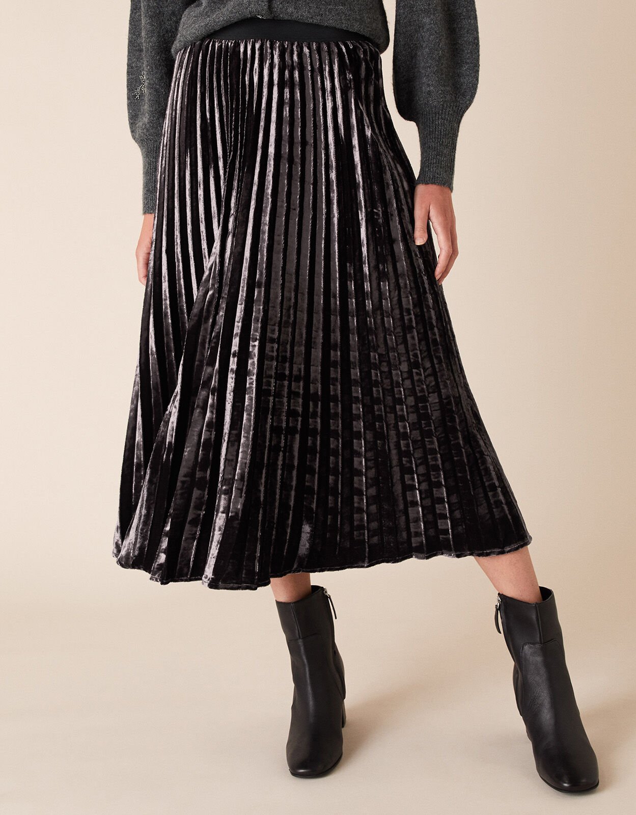 Pleated Velvet Midi Skirt Purple