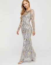 Lily Sequin Fishtail Maxi Dress, Silver (SILVER), large