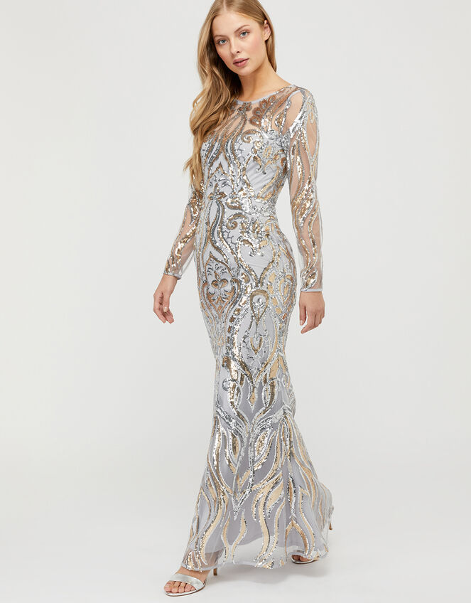 Lily Sequin Fishtail Maxi Dress, Silver (SILVER), large