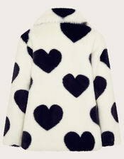 Heart Print Faux Fur Coat, Black (BLACK WHITE), large