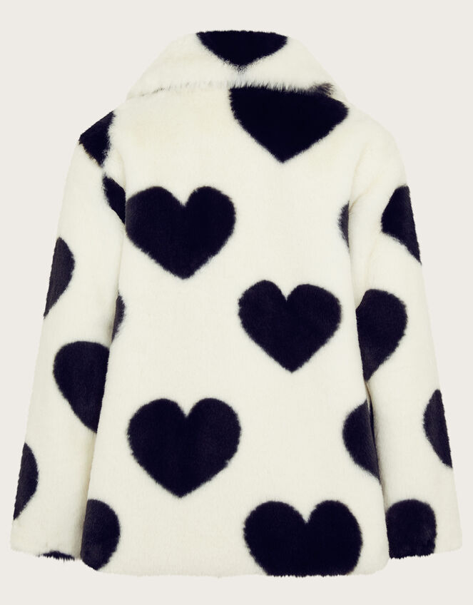 Heart Print Faux Fur Coat, Black (BLACK WHITE), large